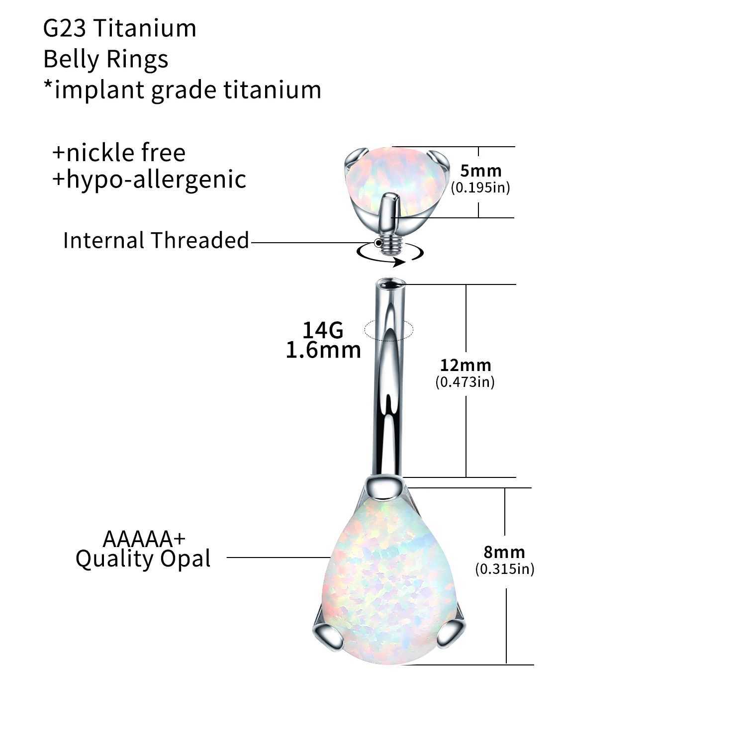 ネーブルリングvojo teardrop Belly Botton Ring Navel Cubic zircon opal G23チタンハイポアレルギー測定14Gボディピアスジュエリーfor女性D240509