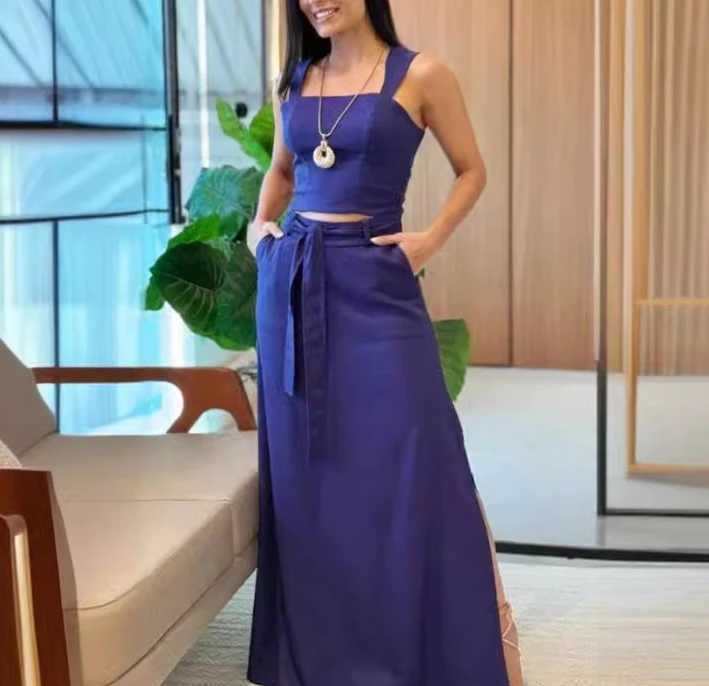 Tweede stuk jurk vrouwen elegante stijl pakken 2024 lente/zomer nieuwste urban solide kleur open navel sliveless top hoge taille halve lengte rok set y240508