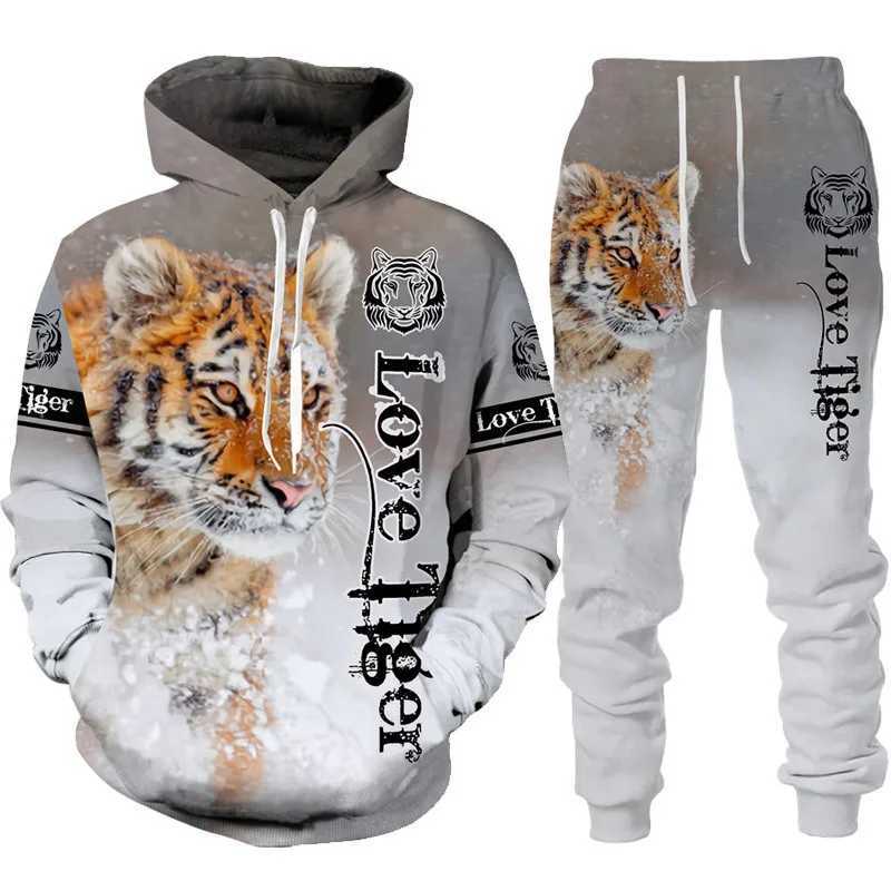 Herrspårsugnar Cool Tiger 3D Animal Print Hoodie+Pants Set Long Sleeve Zipper Mens Sportwear Par Set Two Piece Jogging Setl2405