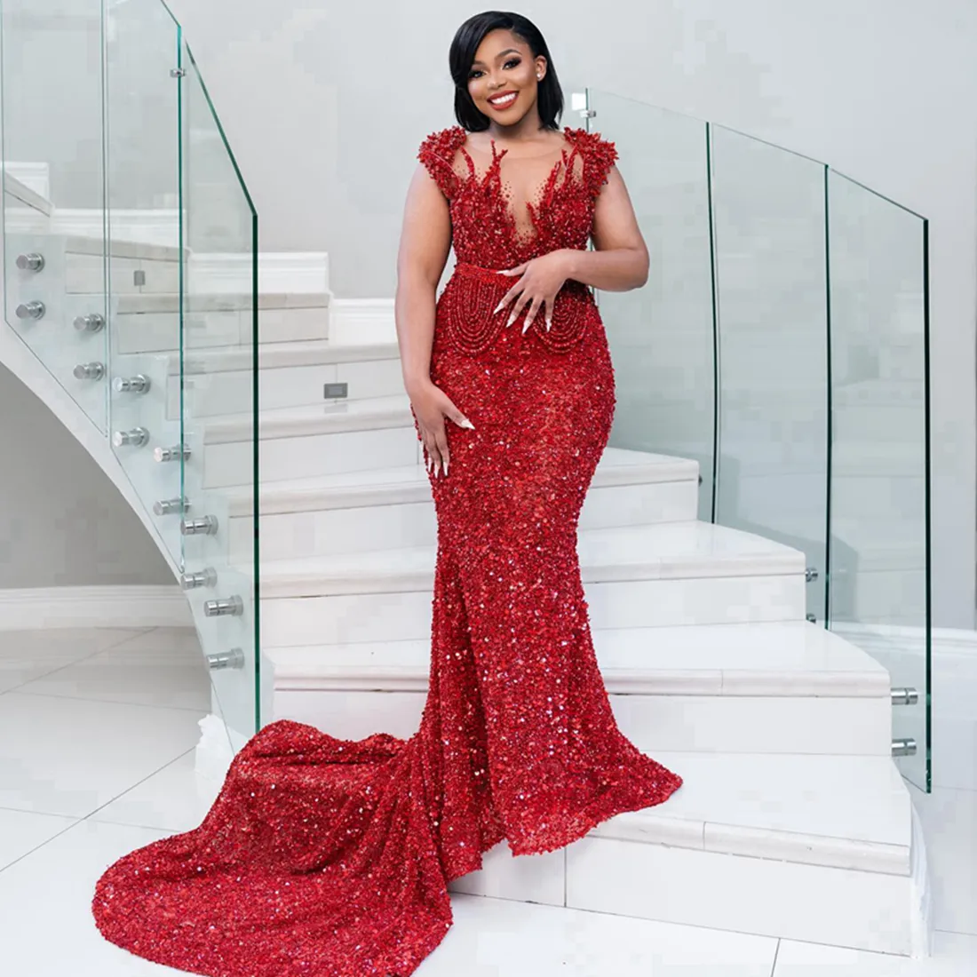Plus Size Fulllace Aso Ebi Prom Dresses for Special Occasions Mermaid Red Sheer Neck Sequined Lace Backless Formal Dress Evening Dresses for African Black Girl NL265