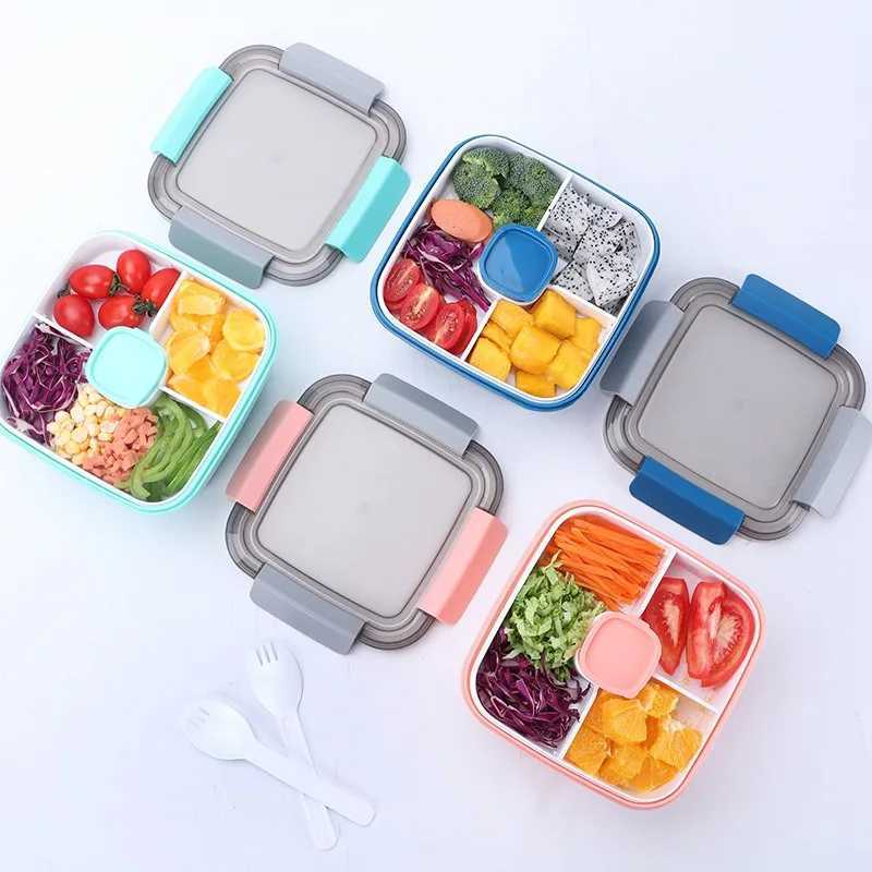 Lunchboxen Tassen Eco -vriendelijke buitenkamperen Lunchbox Herbruikbaar 4 Compartiment Blue PP Quadrate Food Storage Container Plastic Bento Box