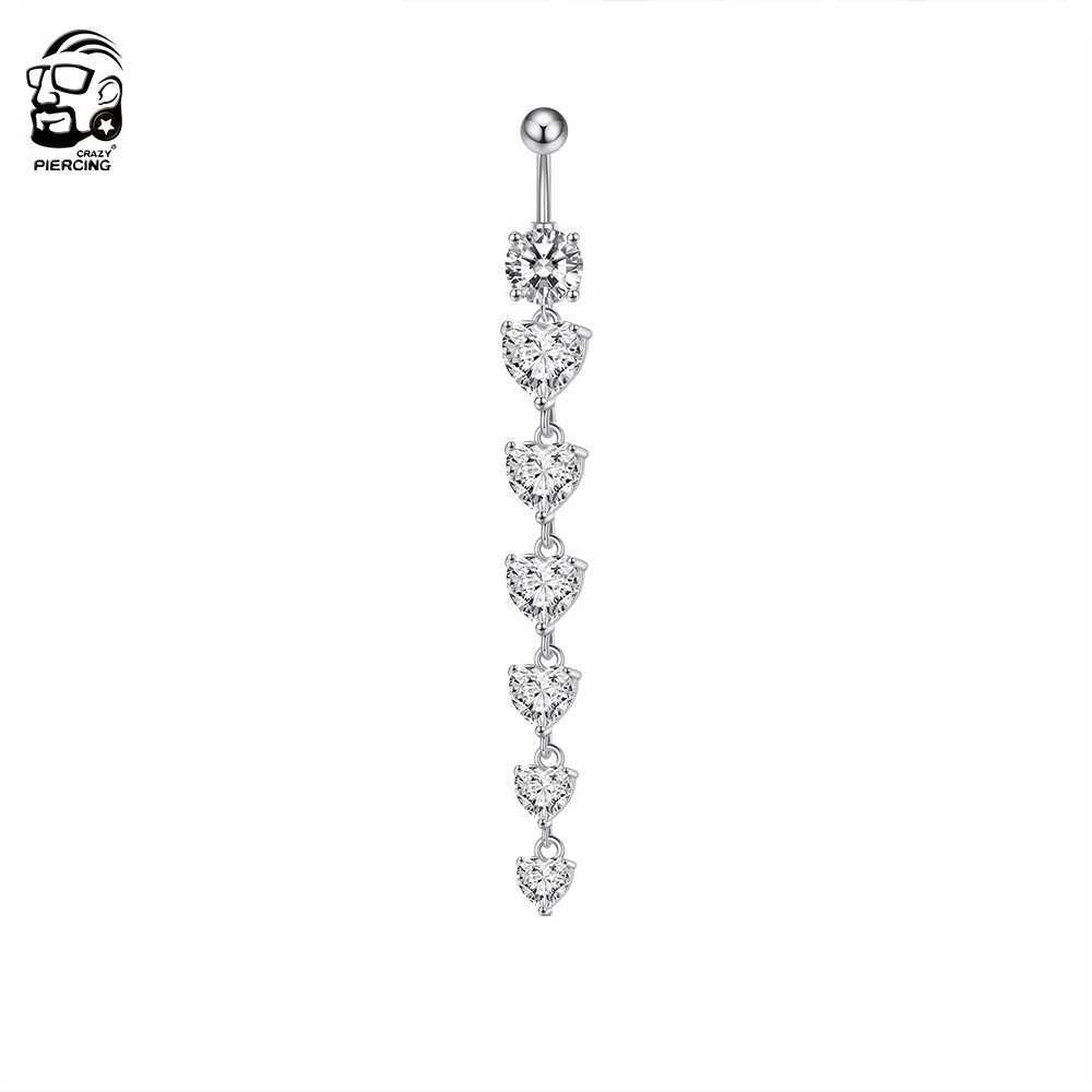 Navel Rings 7 Heart Crystals Long Dangled Belly Button Rings Surgical Steel Cute Navel Piercing Nombril 14g Cuved Bar Body Piercings Jewelry d240509