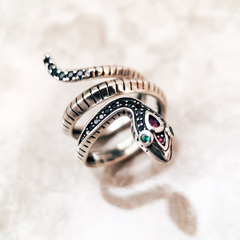 Ring Snake Black Stones Europe Style Style Klasik Yahudi Kadınlar için, Pure Sterling Sier'de Yepyeni Hediye