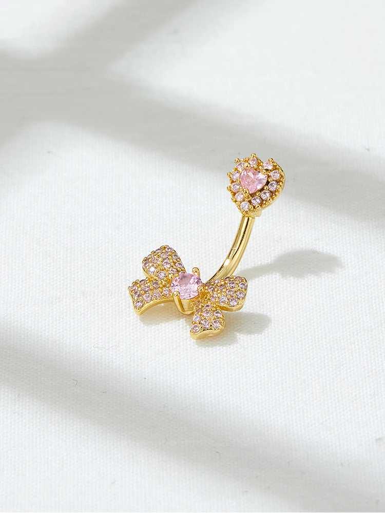 Navel Rings KUNIU Simple Fashion Bow With Zirconium Navel Ring LadyS Personal Puncture Jewelry Belly Button Nail Belly Jewelry d240509