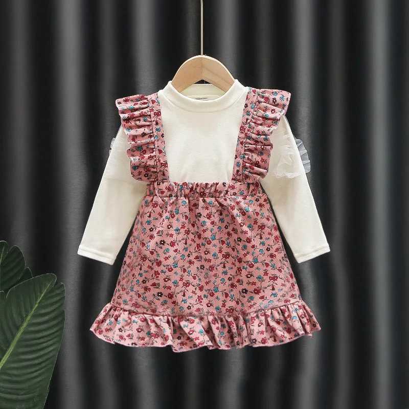 Robes de fille automne enfants vêtements de fille robe robe et manches longues hauts à manches longues + bretelles fleur robe princesse robe deux pièces pour enfants a854