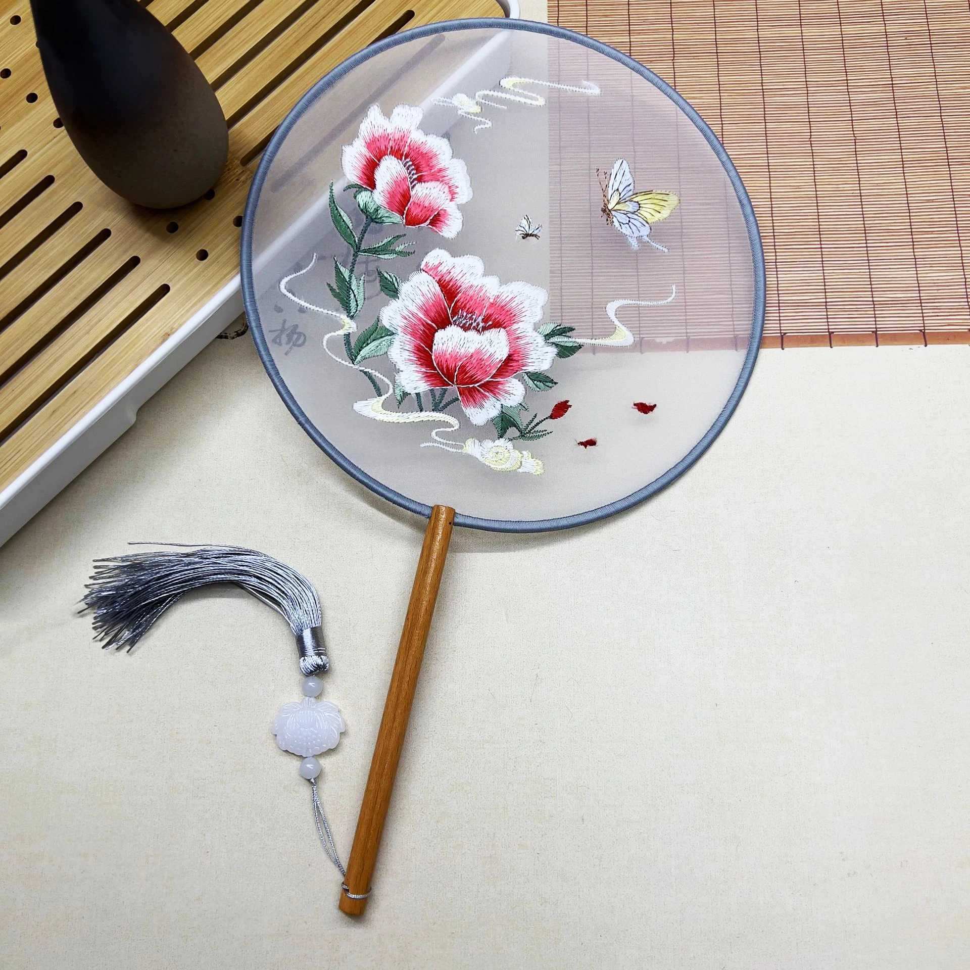 Chinese Style Products Double Sided Embroidered Peony Wooden Handle Fan Dance Classical Handheld Fan Photography Props Chinese Su Embroidery Craft Fan