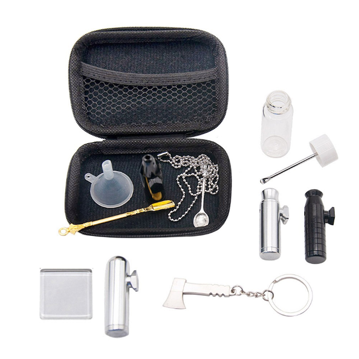 Kit de snuftor portátil kit de aluminio snuff sniff sniffi tubería nasal + contenedor de almacenamiento de metal jarra + botella de vidrio + cuchara de metal herramientas de humo