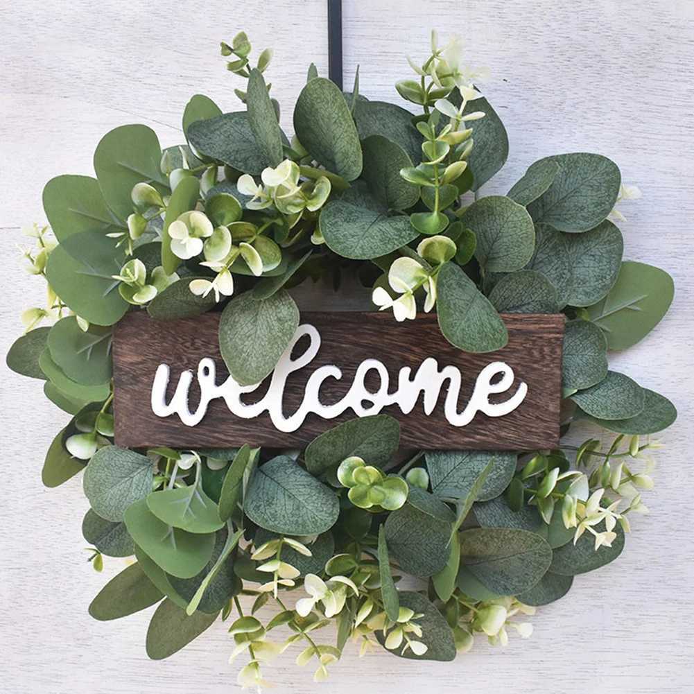 Couronnes de fleurs décoratives couronnes artificielles Eucalyptus avec panneau de bienvenue Couronne de printemps d'été pour la porte d'entrée Warphouse Farmhouse Mariage Decor