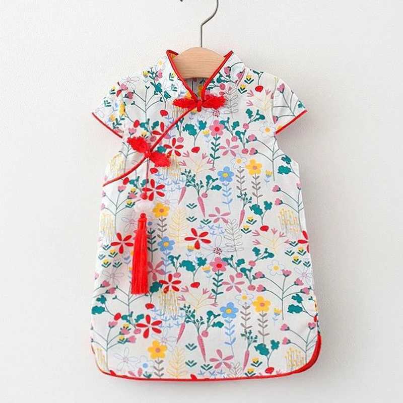 Meisjesjurken Chinese stijl meisje jurk Kid Cheongsam Flower Print Elegante prinsesjurk Tassel Toddler Tangkleding Baby Girl -kleren A1166