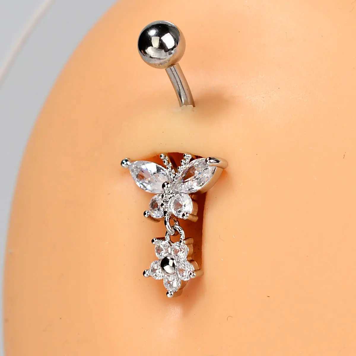 Navel Rings Stainless Steel Fashion Shiny Butterfly Flower Zircon Pendant Belly Button Ring Beautiful Navel Piercing Sexy Body Jewelry d240509