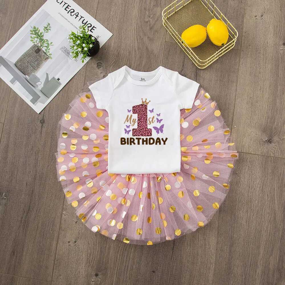 Girl's Dresses My 1st Birthday Baby Girl Birthday Dress+Bodysuit Set Pink Tutu Cake Dresses+Romper Outfits Girls Summer Clothes jumpsuitL2405