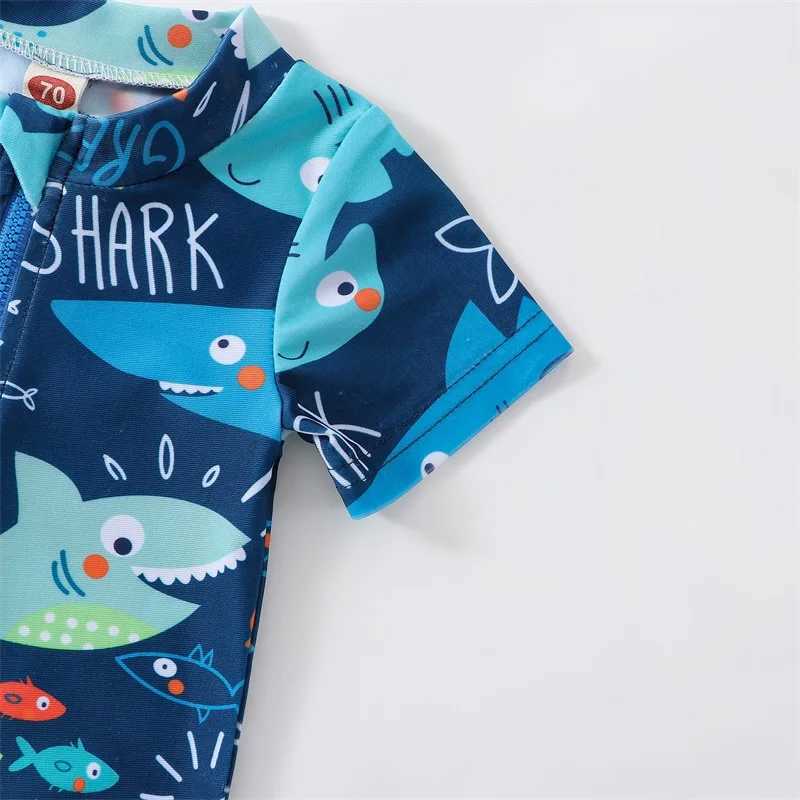 One-Pieces Baby Boy Swimming Costume Baby Swimsuit Infant Toddler Boys Shark Print Swimwear Zipper Short Sleeve Beach Bathing Suits H240508