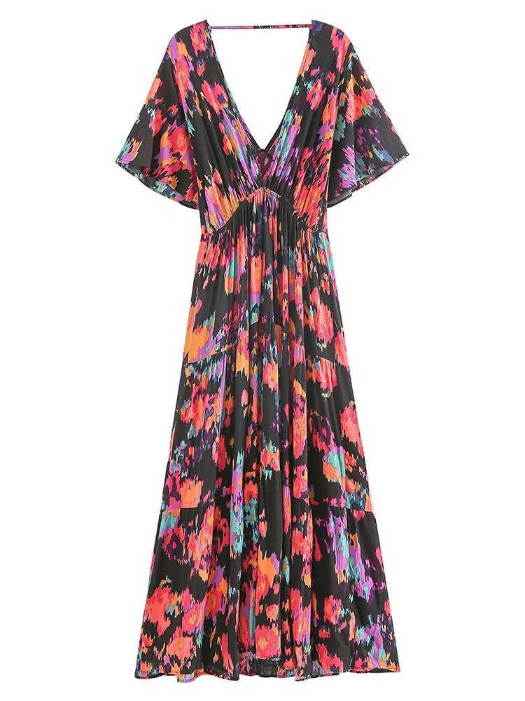 Vestidos casuales básicos FitShinling DP V Neckless Sexy Sexy Boho Long Dress Women Fashion A Line Holiday MAXI Vestidos Damas Floral NUEVO T240508