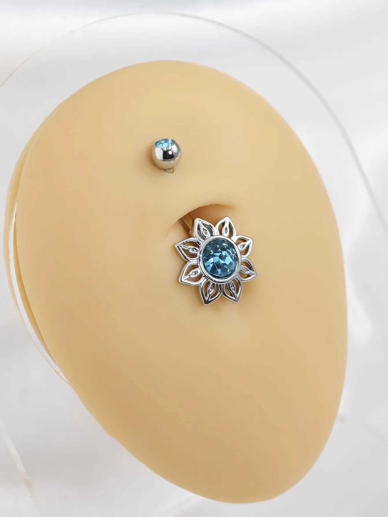 Navelringe Blau Kristall Sonnenblume Navel Ring Edelstahl Hohlbohrer Out Bauchknöpfer Ring Bolzen Bauch Nabelschnelle Piercing Frauen D240509