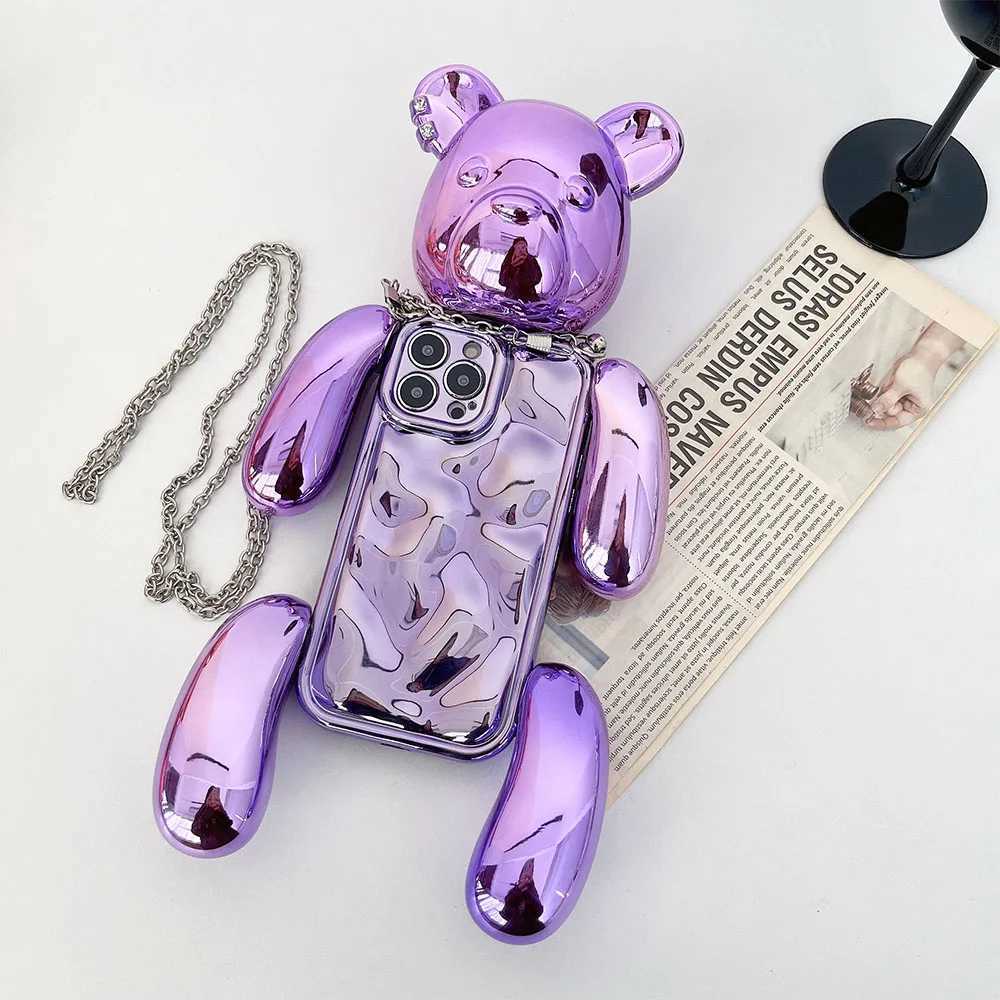 Mobiltelefonfodral Crossbody Metal Chain 3D Dimensional Tide Bear Phone Case för iPhone 15 14 Pro Max 13 12 11 SUCKSUSPT BUMPER LINS SKYDD COVER J240509