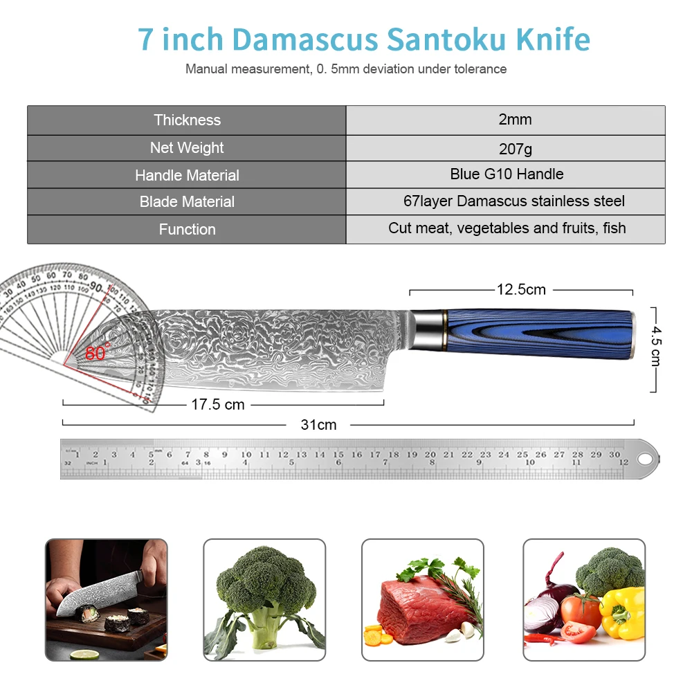 Xituo Santoku Knife 7インチダマスカス包丁Ultra Sharp Blade Best Santoku Knife for Pro Chef Restaurant-Blue G10ハンドル