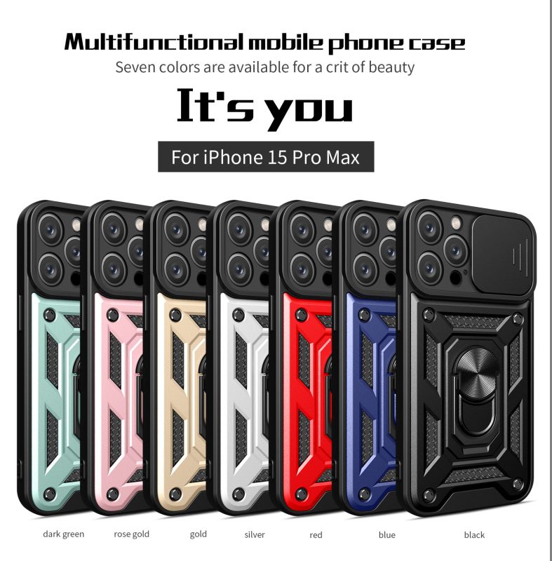 Lens Slayt Tasarımı Şok geçirmez zırh yüzüğü Kickstand Case için 15 14 13 12 11 Pro Max Mini Araba Tutucu Telefon Kapak Kamera Koruması