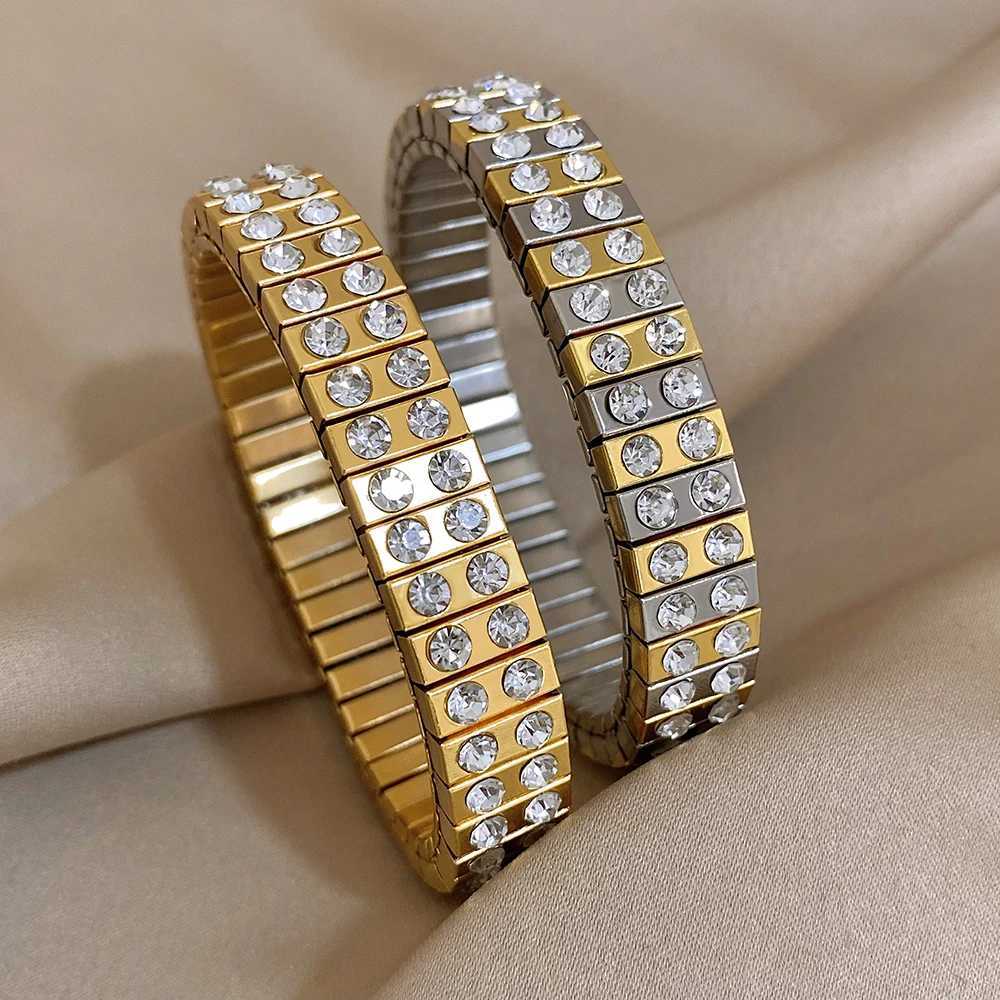 Bangle rostfritt stål dubbel rad strass armband armband för kvinnor vintage 18k guldplatta mode vattentäta smycken manschett t240509