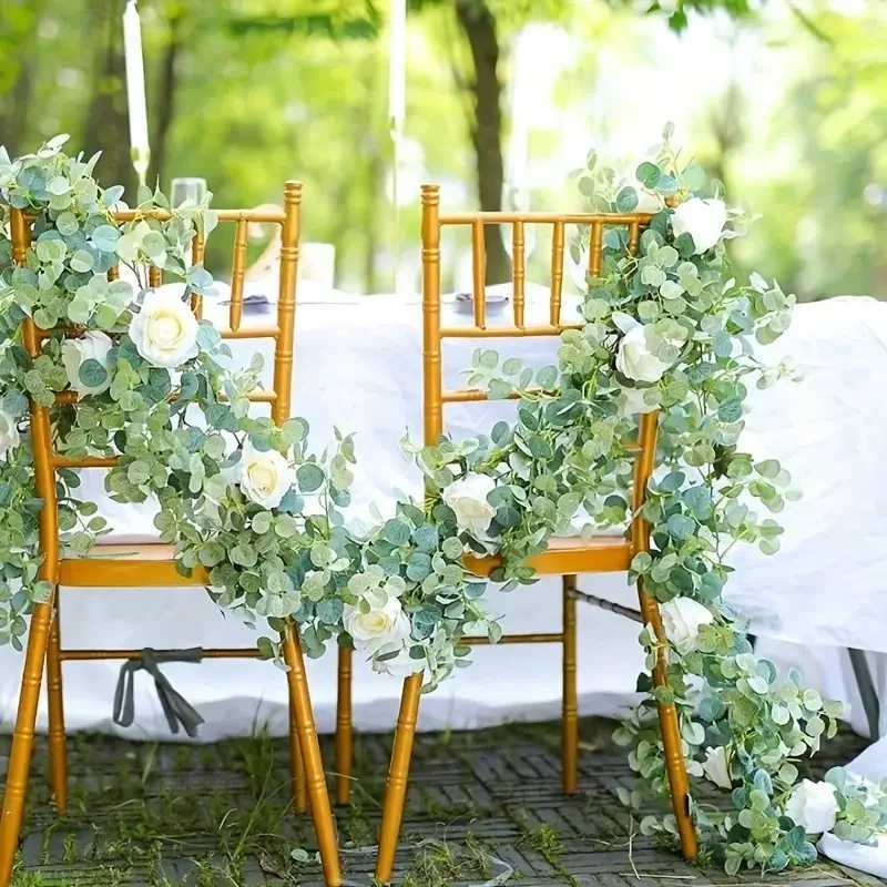 Decorative Flowers Wreaths of 180cm eucalyptus Garland With Flowers-8 white rose artificial flower green Garland vine used for decorating party