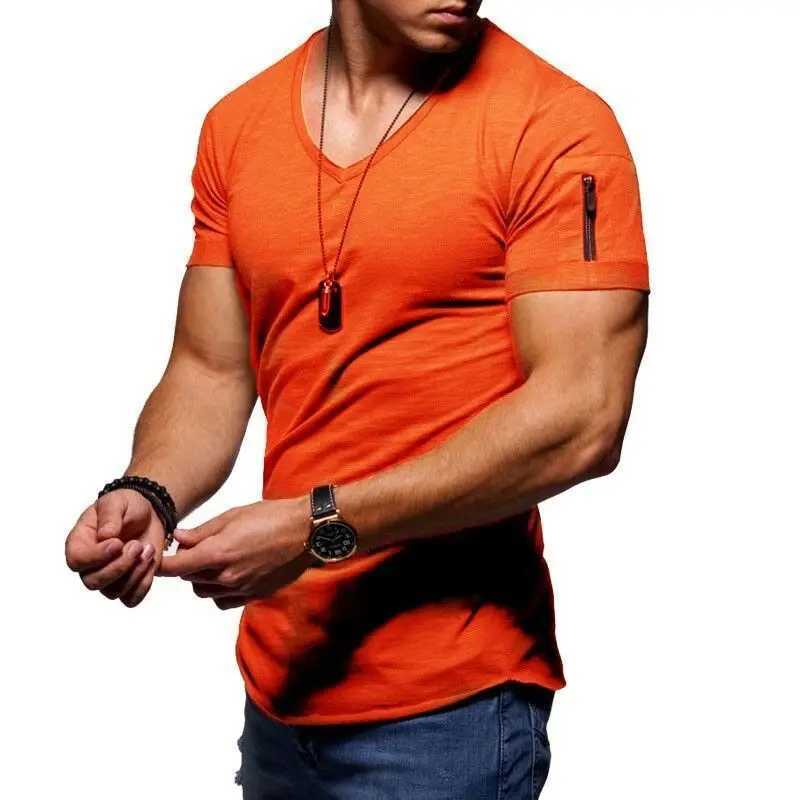 Herren-T-Shirts Neue Herren T-Shirt Solid Color Reißverschluss Pocket V-Ausschnitt Kurzschlärm T-Shirt-Set Plus-Size-T-Shirt Summer Top 2021 S-5xl D240509