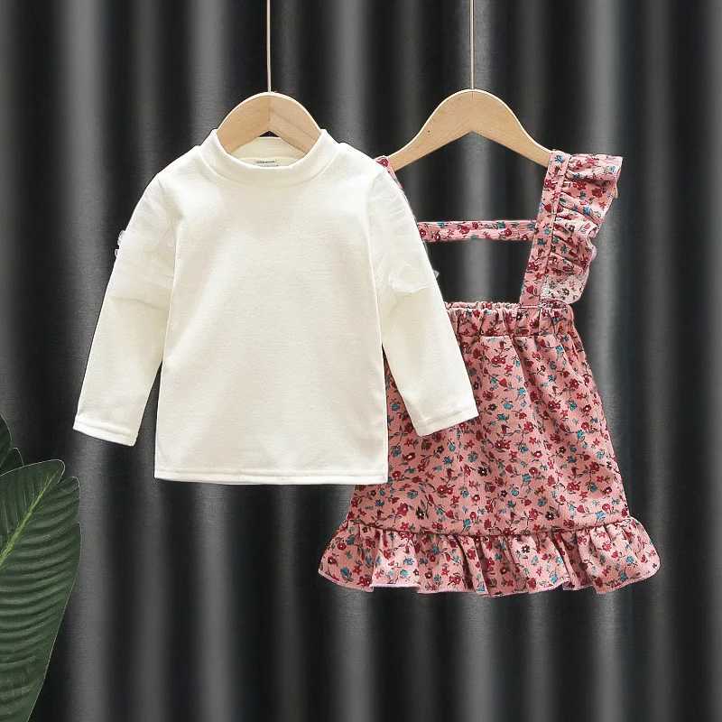 Robes de fille automne enfants vêtements de fille robe robe et manches longues hauts à manches longues + bretelles fleur robe princesse robe deux pièces pour enfants a854