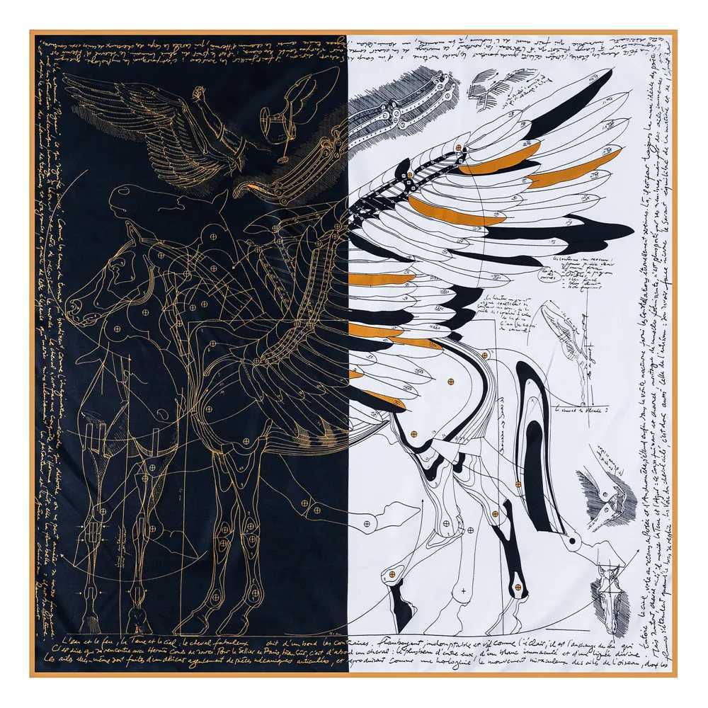 Scarves Manual Hand Rolled Twill Silk Scarf Women Fly Horse Print Square Echarpes Curled Foulards Femme Wrap Bandana Hijab 90CM Q240508