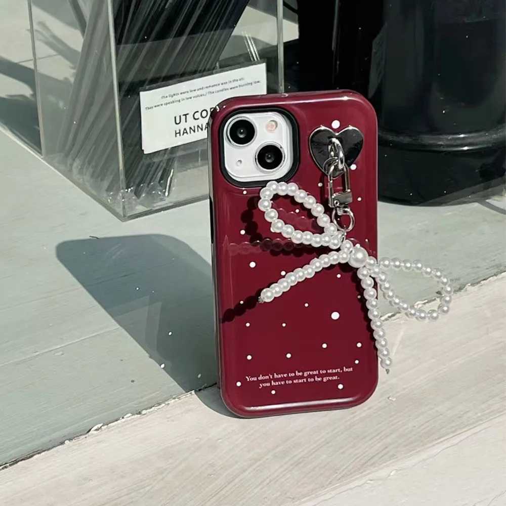 Mobiele telefoons Korea Ins Wave Point Phone Case voor iPhone 13 11 12 14 15 Pro Max 15 Pro met Pearl Bow Pendant Shockproof Bumper Back Cover J240509