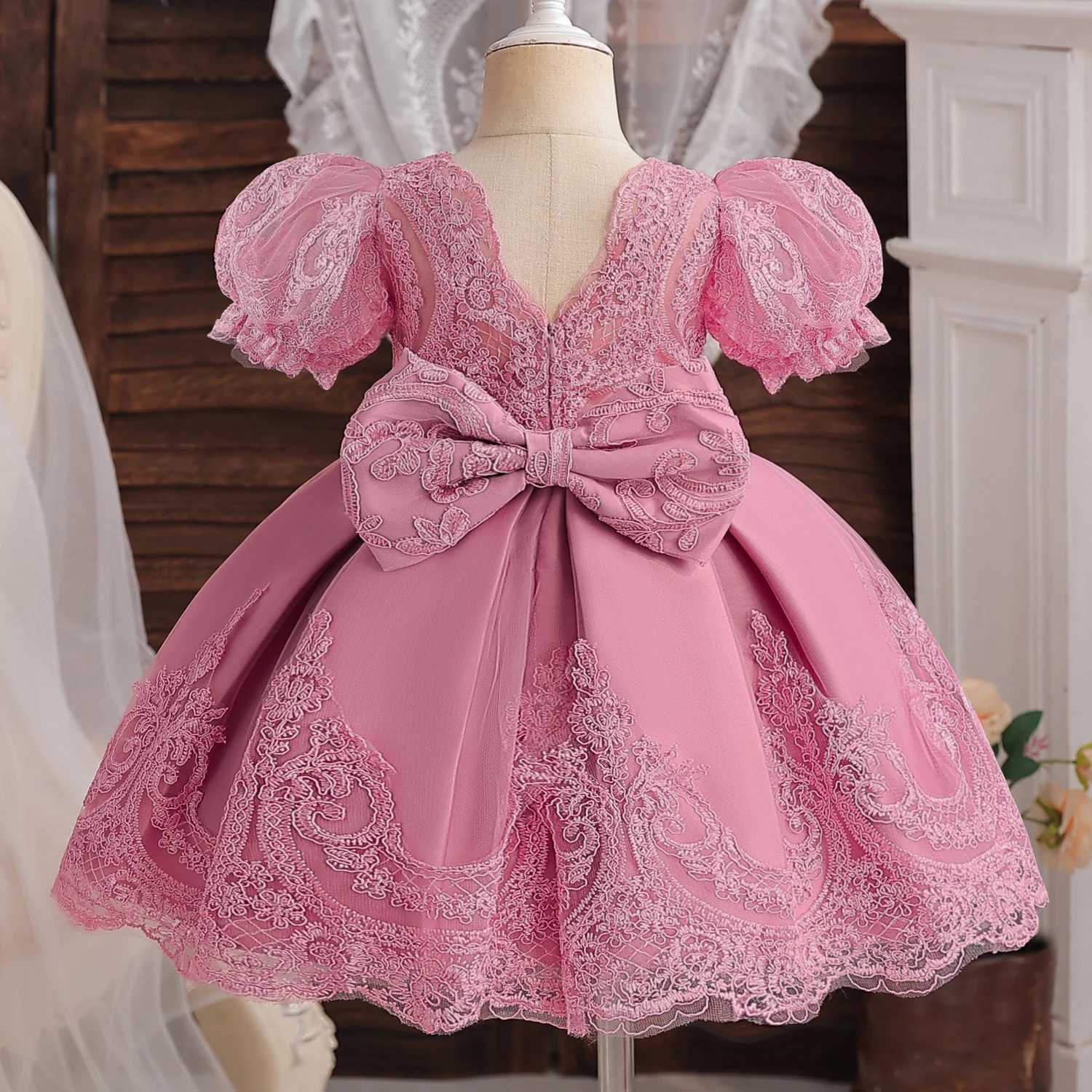 Girl's Dresses Embroidery Lace Floral Baby Dress Pink Flower Girl Dress for Wedding Ceremony Kids 1 Year Birthday Beaded Princess Costume 0-5T