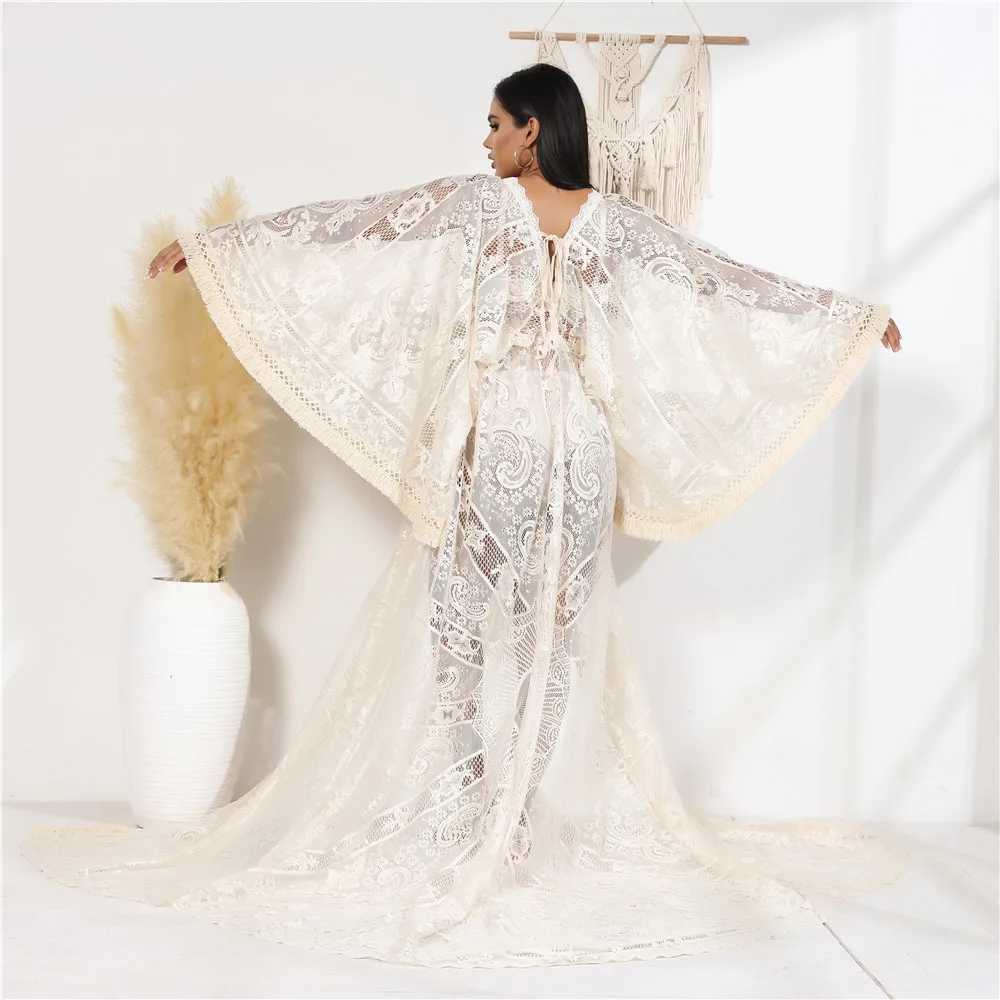 Sukienki macierzyńskie Beige Lace Boho Boho Sesja zdjęciowa macierzyńska sukienka Długość Tassels Fotografia ciążowa Długa sukienka kimono T240509