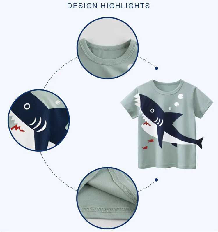 T-shirts 2022 pojkar och barnkläder 100% bomull söt 3D Shark Dinosaur Cartoon Short Sleeved T-shirt Childrens Leisure Sports T-shirt Topl2405