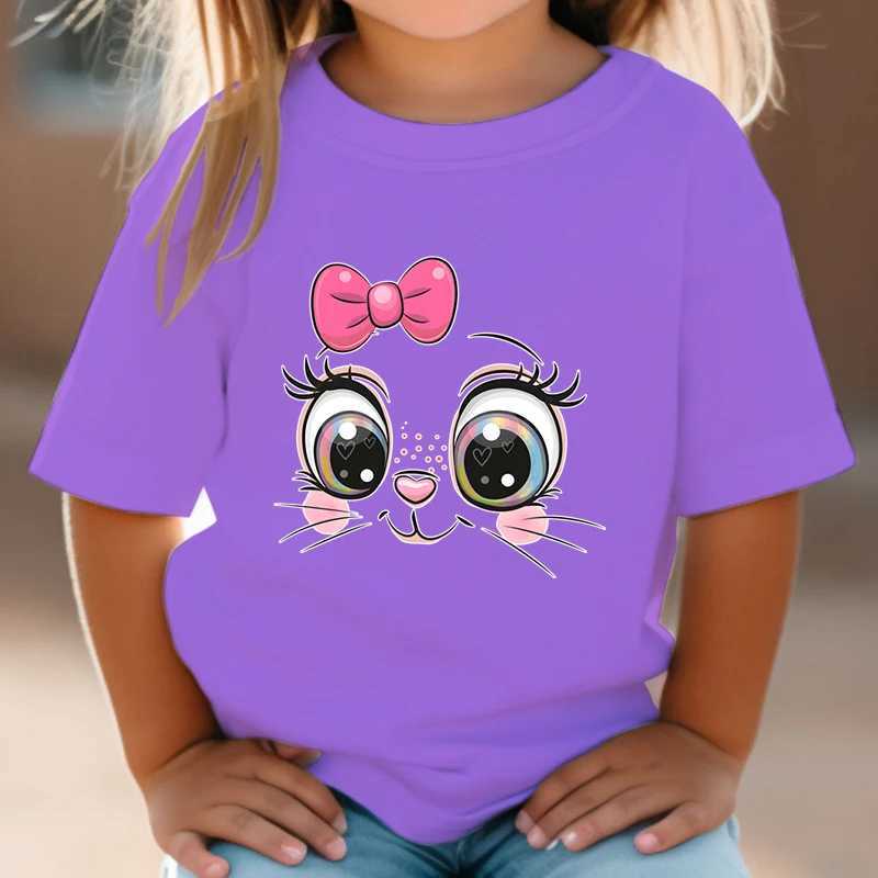 T-shirts kindert-shirt roze boog kitten zomermeisje schattige cartoon kat grafische top witte korte mouwen wilde t-shirt dier kledingl2405