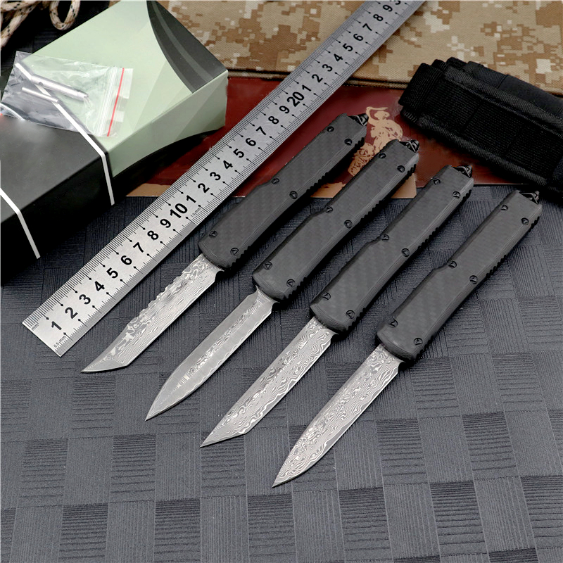 High End UT88 AUTO Tactical Knife Damascus Steel Blade CNC Aviation Aluminum with Carbon Fiber Handle EDC Pocket Gift Knives with Nylon Bag and Repair Tool
