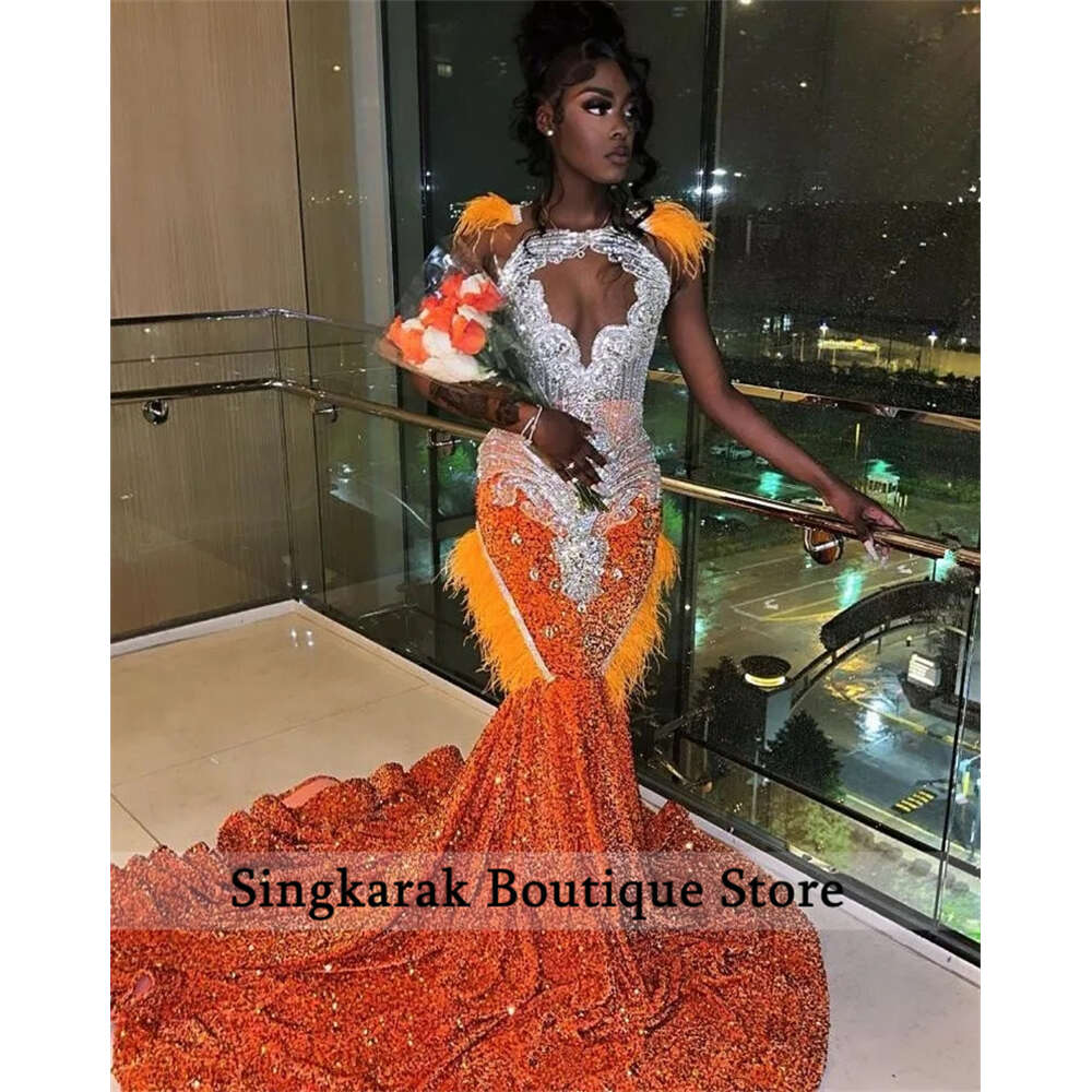Sparkly Orange Prom Dress 2024 Glitter Crystal Beads Rhinestones Feathers Sequins special Party Evening Gown Robe