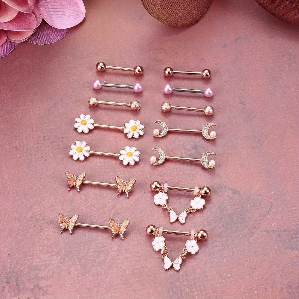 Nipple Rings Drperfect stainless steel Nipple ring female surgical steel butterfly daisy flower ball tongue barbell body perforation jewelry Y240510