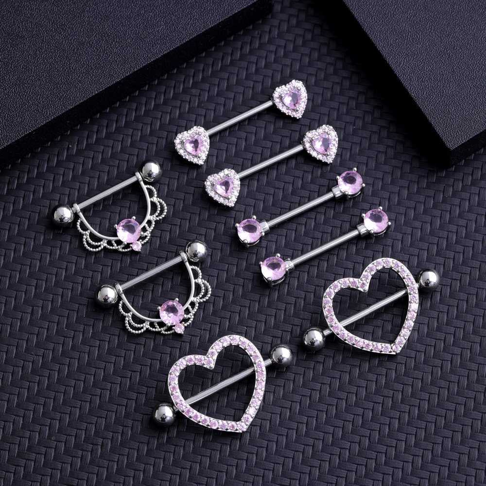 Tepelringen 2 stks titanium staal hart tepel piercing blauw roze kristal zirkoon sexy tepelringen voor vrouwelijke meisjes 14G Shield Barbell Jewelry Y240510