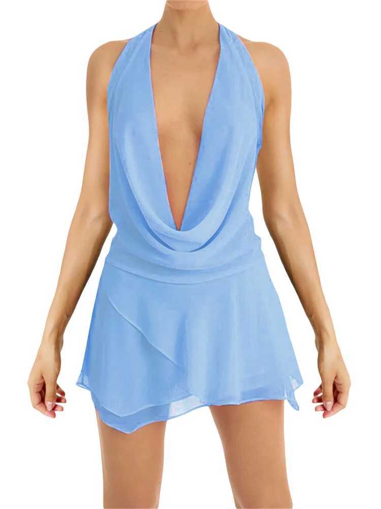 Robes sexy urbaines CRONSTYLE FEMMES SEXY SLIM SLIM FIT LOW CUT MINE ROBLE Y2K STRAPE Backless Deep V-Neck Mesh Robe courte Elegant Night Robe Vestidos 2023 D240510