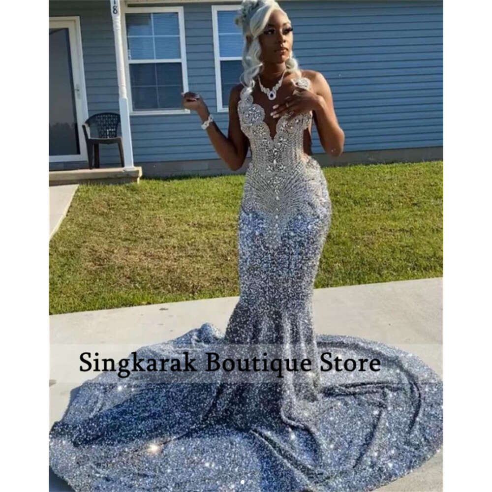 Shiny Sier Diamonds Prom Kleid Glitzer Kristalle Strauchsteine Perlen Pailletten Geburtstag Special Party Abend Kleid Court Court