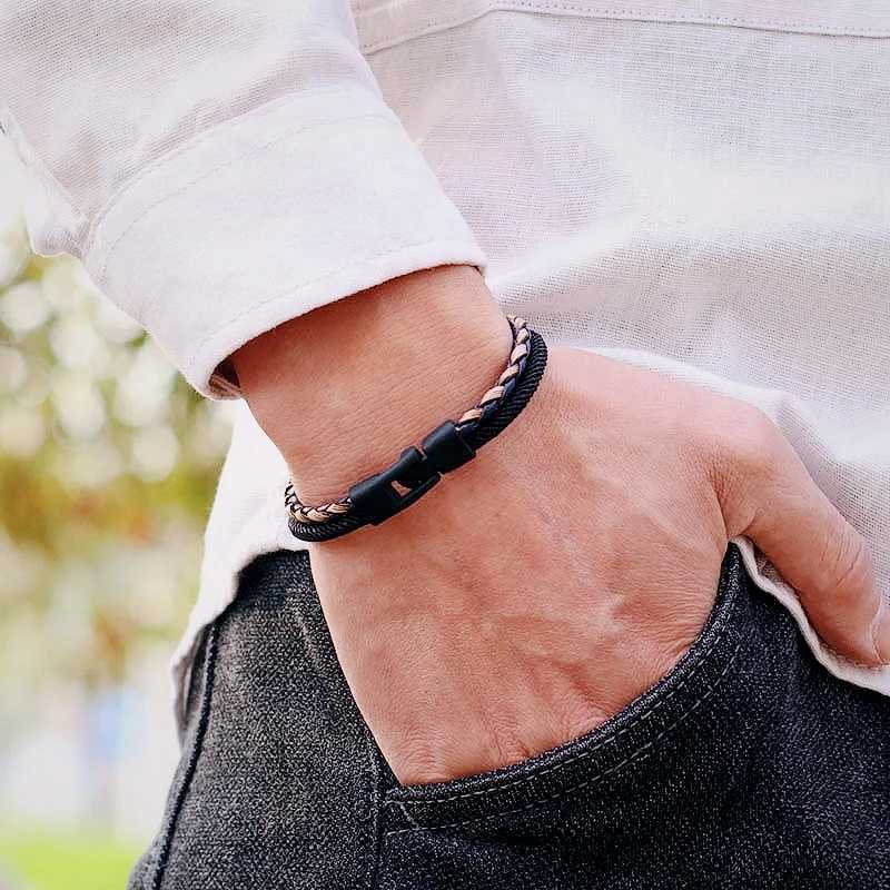 Charm Bracelets New Fashion Men Leather Bracelet Double Layer Punk Bangle Homme Pulseira Corda Masculina Gift For Him Cool Biker Accessories Y240510