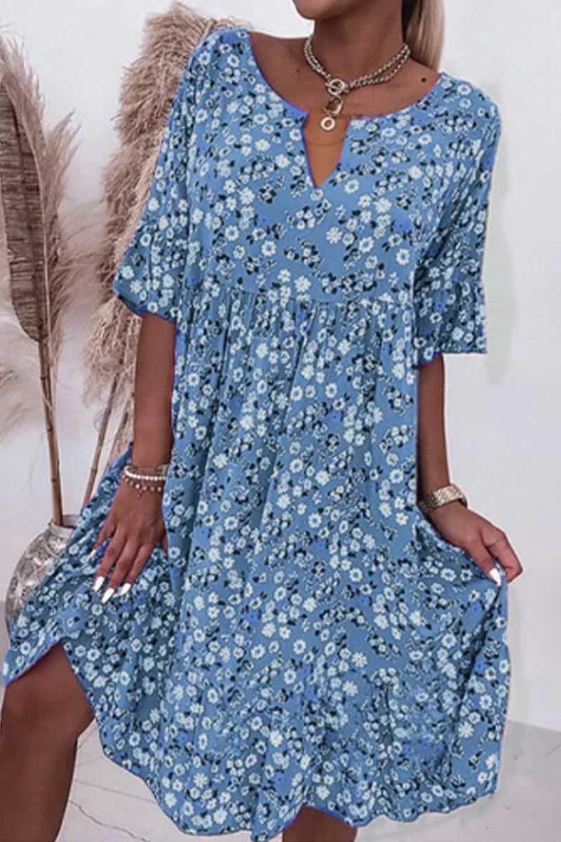 Robes sexy urbaines Femmes Robe à moitié à manches mi-manches avec patchwork plissé et grand ourlet Femmes Summer en V Robe florale à col en V D240510