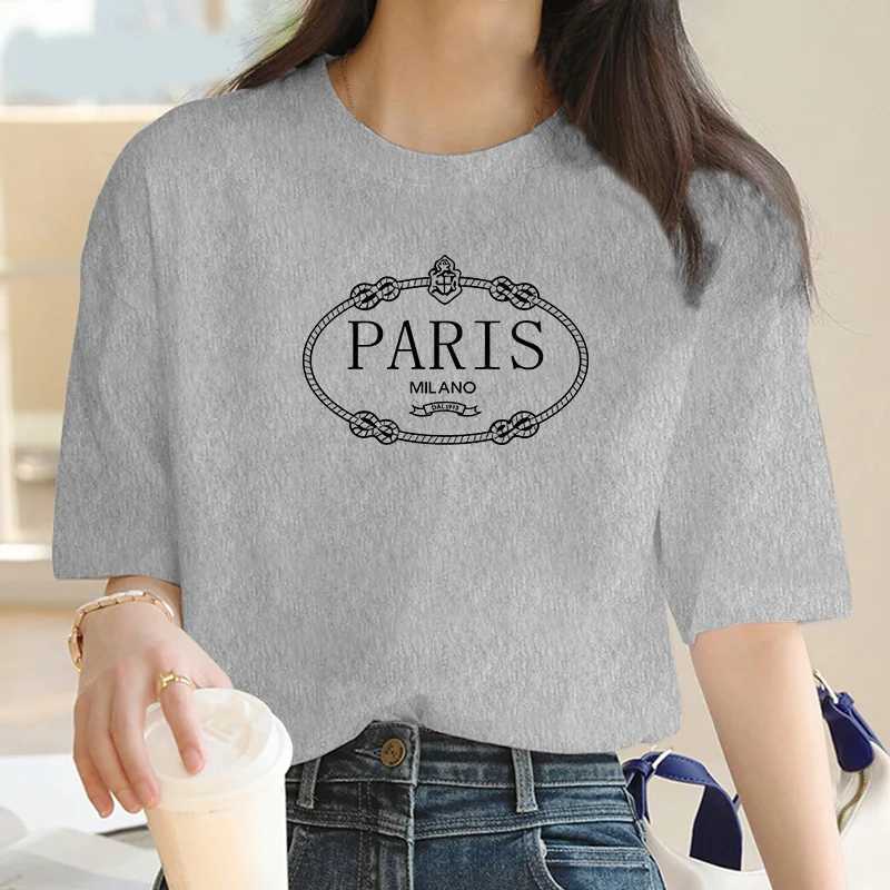 T-shirt féminin 2024 Nouveau Collier de marin Vêtements Fashion Paris Modèle Impression Short Slve T-shirt Trend Femmes Summer Y2k Short Slve Top T240508