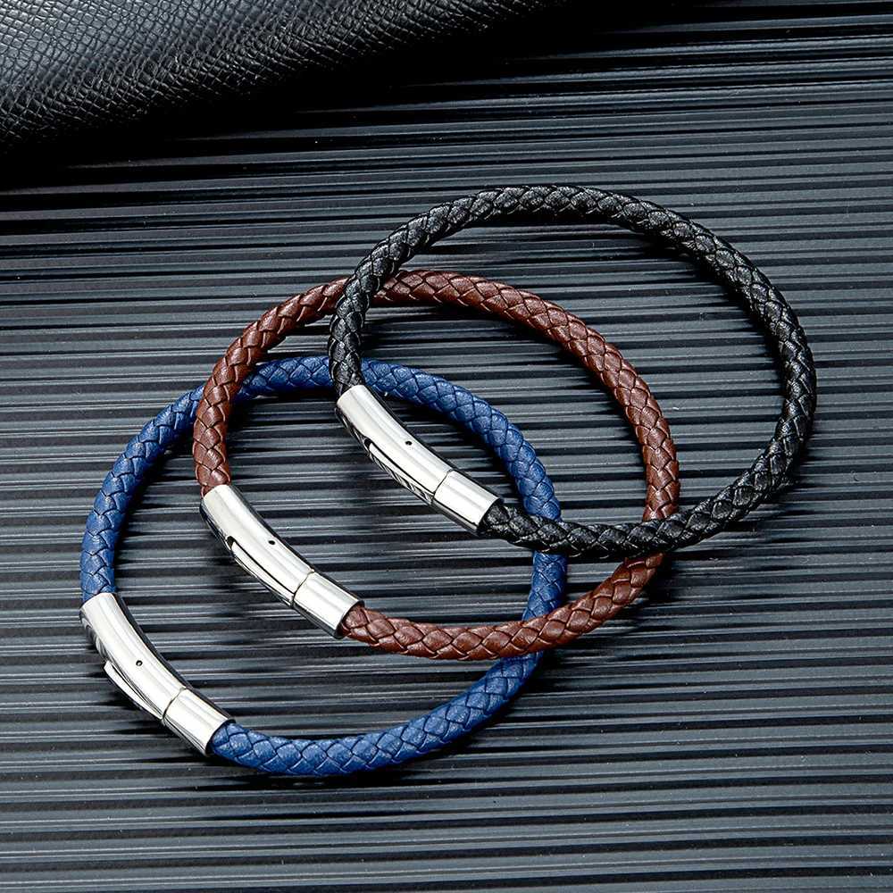 Bedelarmbanden mkendn klassieke eenvoudige blauw gevlochten lederen armband bangle roestvrijstalen magnetische buckle sieraden voor mannen dames paar y240510