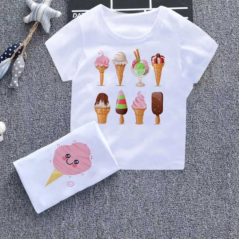 Tシャツ漫画かわいい男の子と女の子のTシャツ楽しいアイスクリームベビー服ハラジュクデザインチルドレンラウンドネックホワイトニューチャイルドシャツshirtl2405