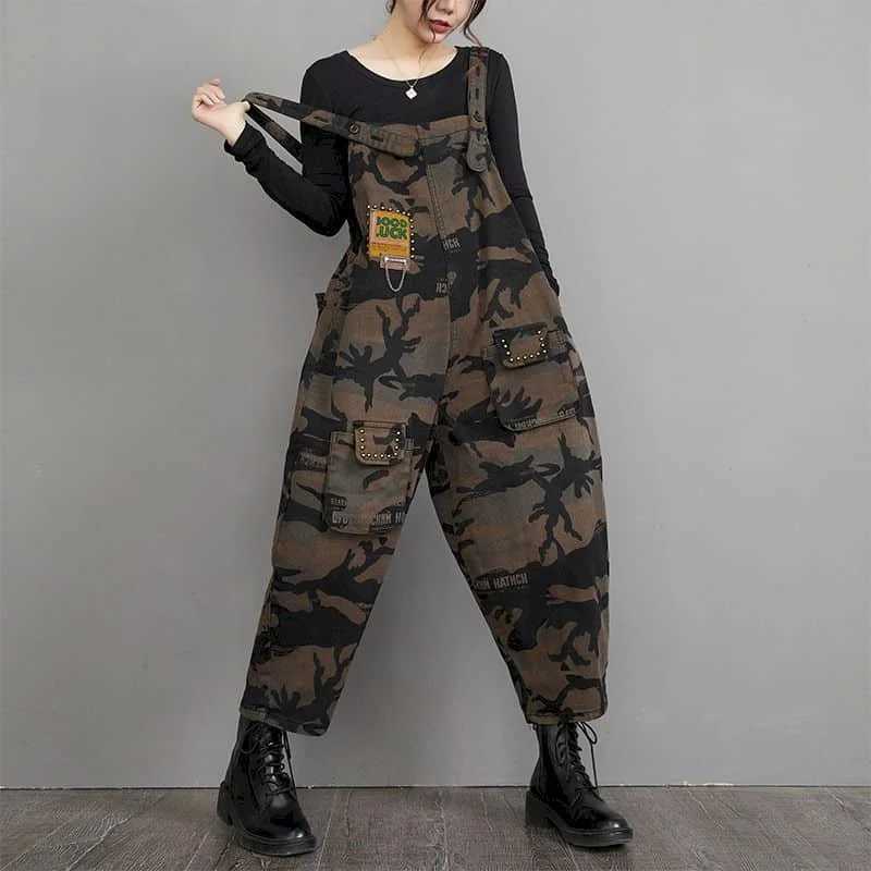 Women's Jumpsuits Rompers Denim Jumpsuits for Women Large Size One Piece Outfit Women Camouflage Romper Loose Korean Fashion Pocket Casual Vintage Pants Y240510