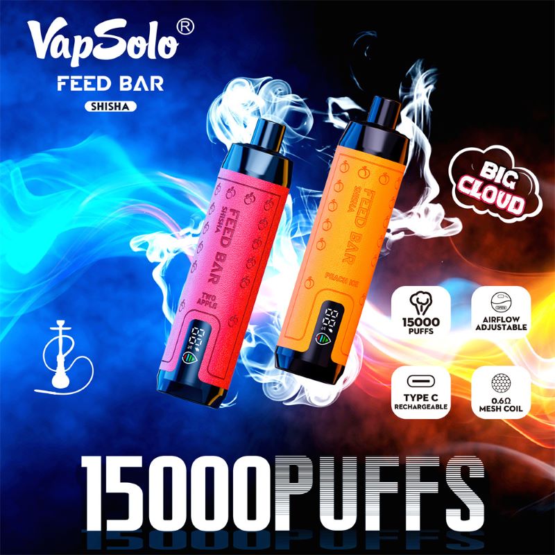 Bar d'alimentation Vapsolo d'origine Shisha 15000 Puffs Cigarettes électroniques jetables comprend la bobine de maille 22 ml rechargeable 650mAh RVB Light Disposables Vapes