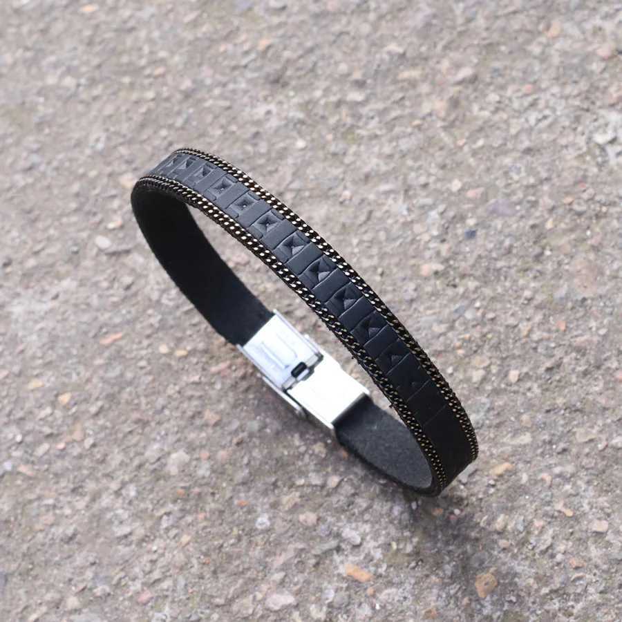 Charmarmband Nytt äkta läderarmband för män rostfritt stål avtagbart spänne wrap Bangle Leisure Accessories Gifts To Him Pulseria Y240510