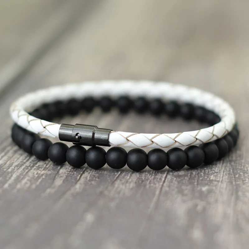 Bracelets de charme Noter Men Bracelet Conjunto de pulseira de 4 mm de couro genuíno Homme 6mm Black Onyx Stone Braslet Combated Combating Combating Brazalete Gift Y240510