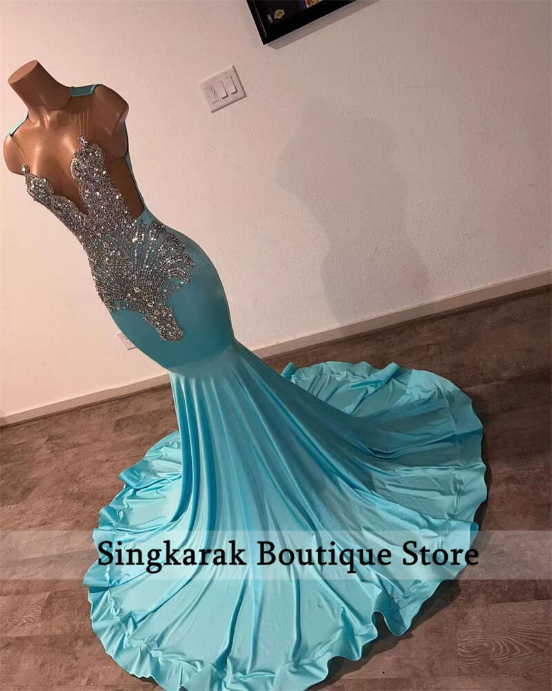 Diamanten blauw Long Prom 2024 Crystal Rhinestone Beading Birthday Party Dress Special Reception Jurk Robe de Bal