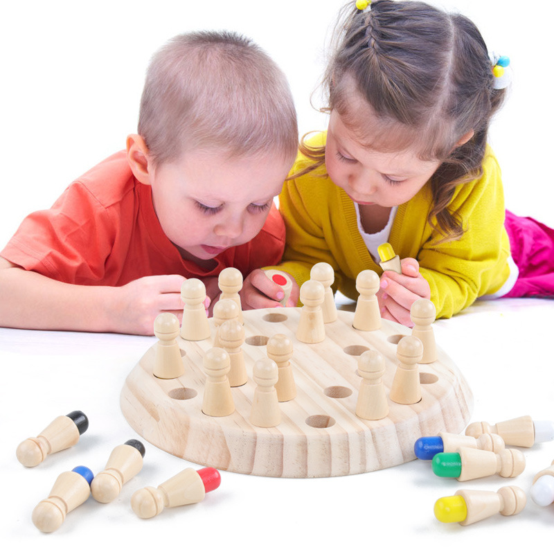 Wooden Montessori Chess Puzzle Game - Colorful Memory Match for Children's Cognitive Development