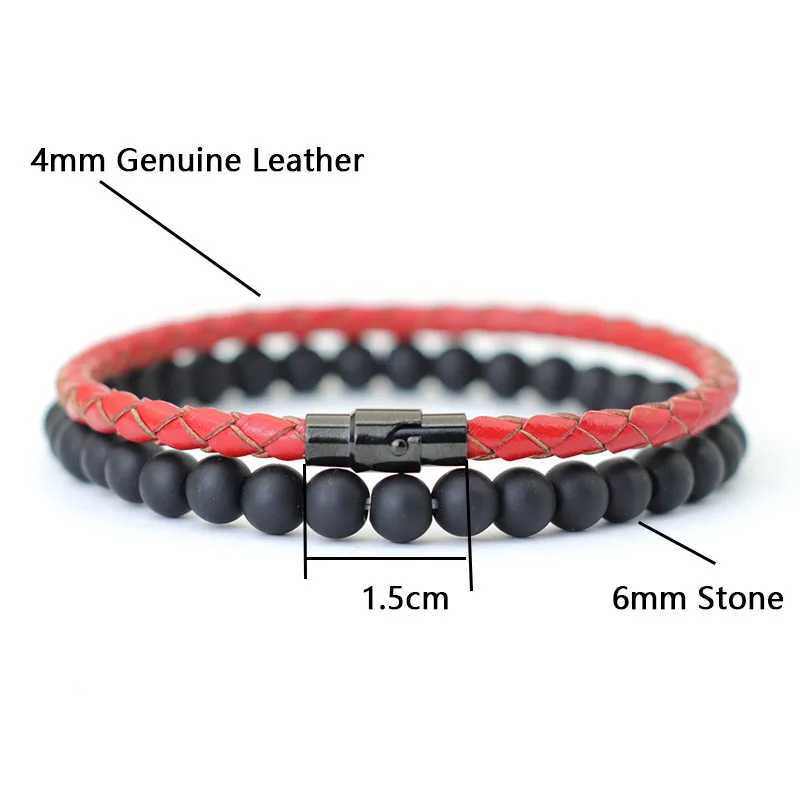 Bracelets de charme Noter Men Bracelet Conjunto de pulseira de 4 mm de couro genuíno Homme 6mm Black Onyx Stone Braslet Combated Combating Combating Brazalete Gift Y240510
