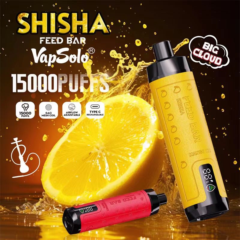 Bar d'alimentation Vapsolo d'origine Shisha 15000 Puffs Cigarettes électroniques jetables comprend la bobine de maille 22 ml rechargeable 650mAh RVB Light Disposables Vapes